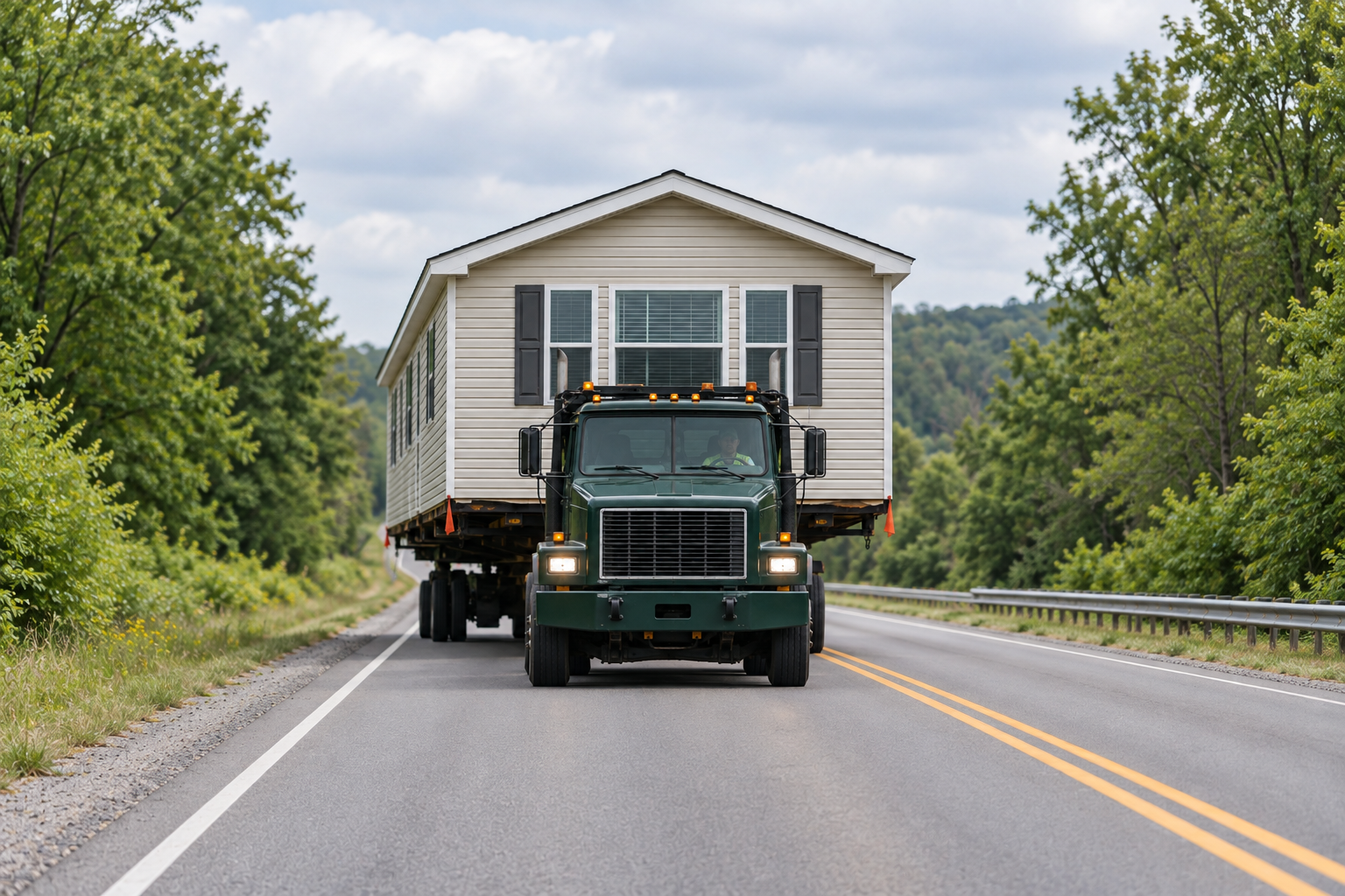 AI-created transport illustration: a specialized toter pulling a manufactured-home section; no specific place or provider.