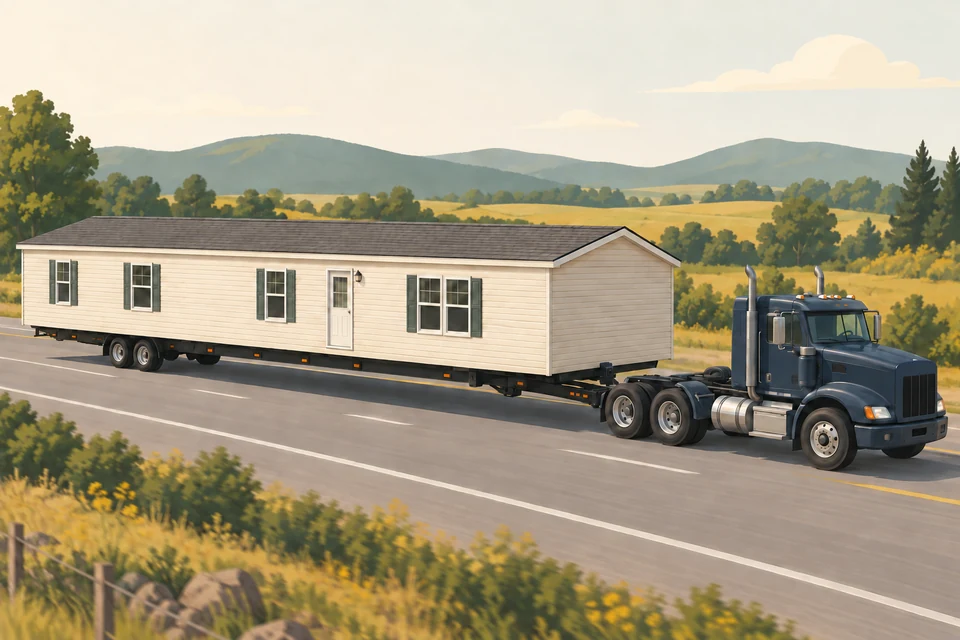 Illustration of a manufactured-home section being transported by a towing truck; no specific location or provider.