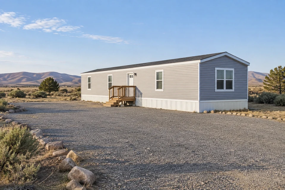 Illustration of a manufactured home on an open gravel lot in a dry landscape.