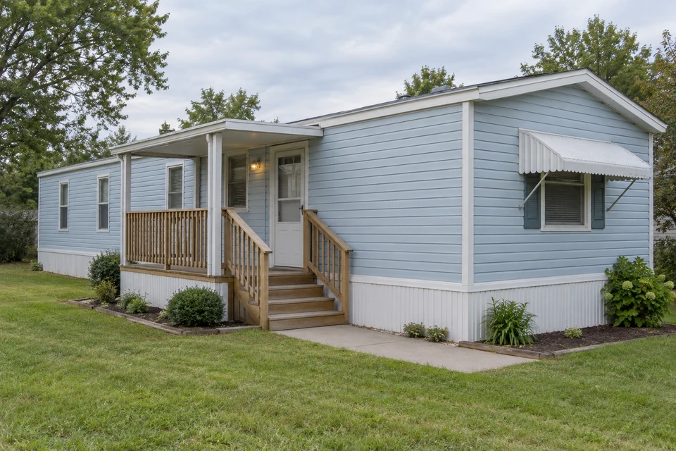 Illustration of a manufactured home with a porch, steps, skirting and window awning.