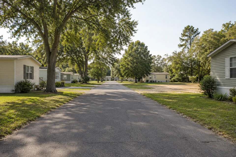 Illustration of an internal lane between manufactured homes with an open receiving space.