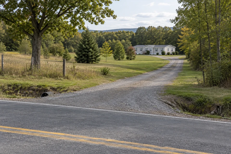 Illustration of a gravel driveway crossing a roadside ditch to a manufactured-home parcel.