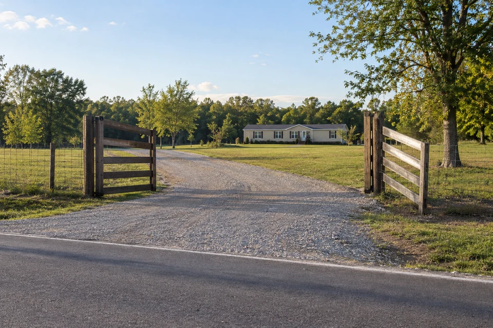 Illustration of an open gate and gravel driveway leading toward a manufactured home.