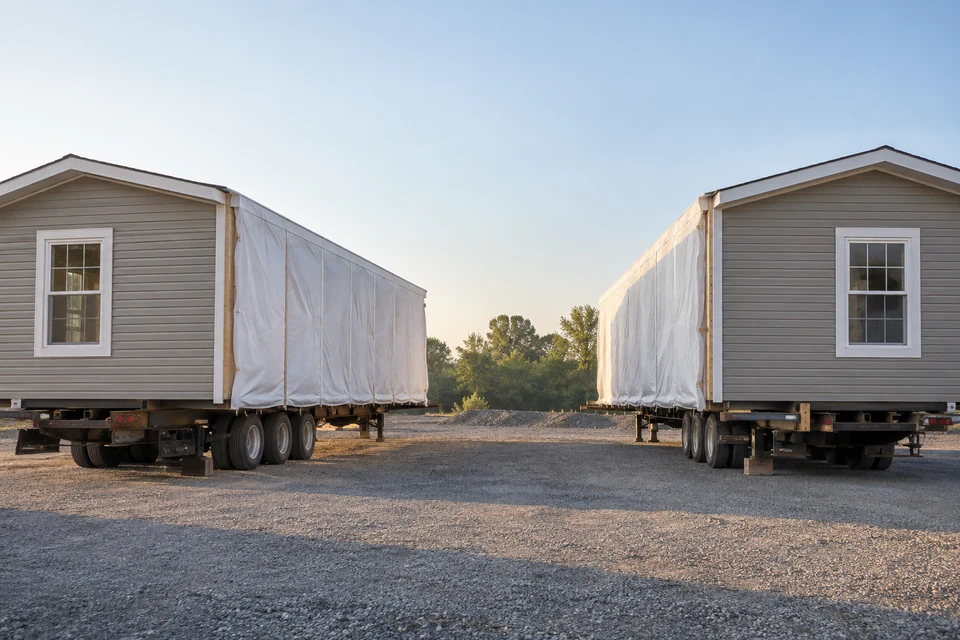 Illustration of two manufactured-home sections staged separately on transport chassis.