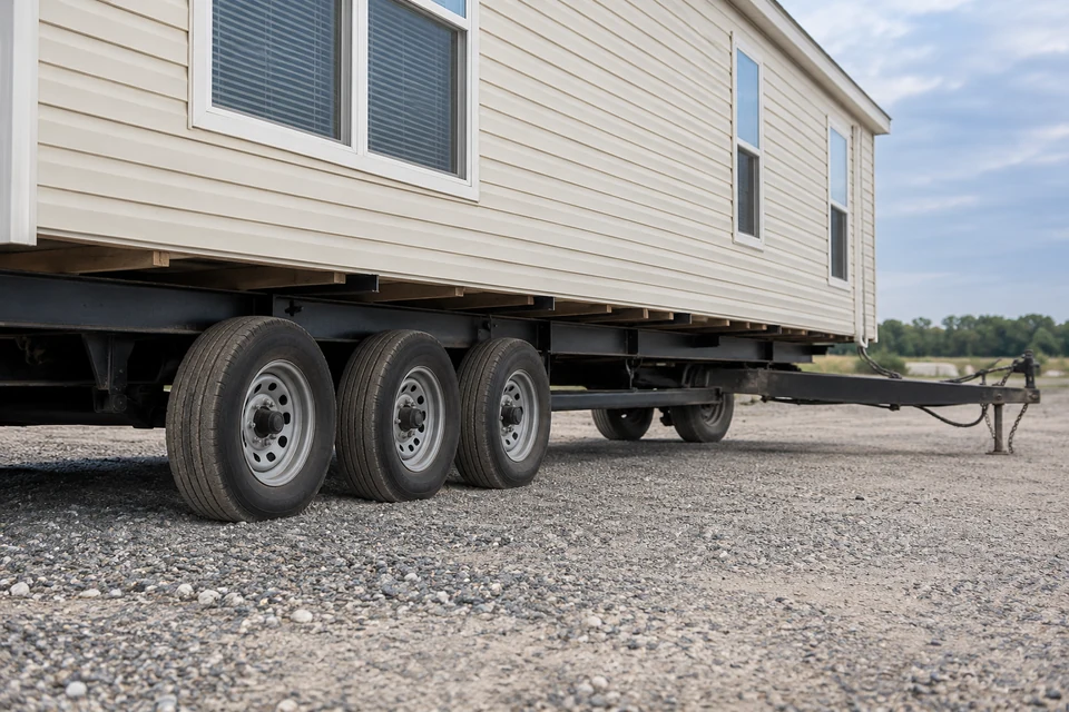 Illustration of transport tires, frame and tow tongue beneath a manufactured-home section.