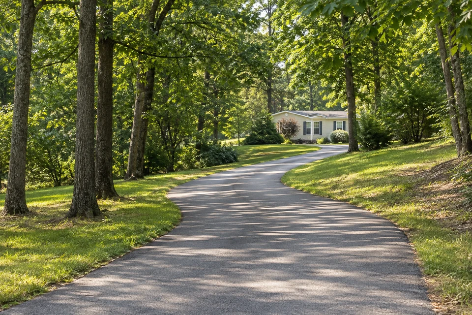 Illustration of a curved paved approach between trees toward a manufactured home.