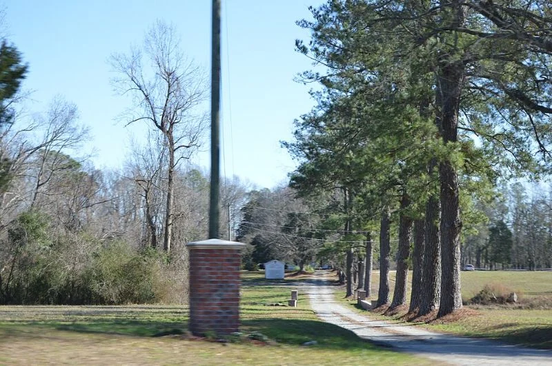 A narrow driveway beside a brick entrance pillar, trees and overhead utility lines.